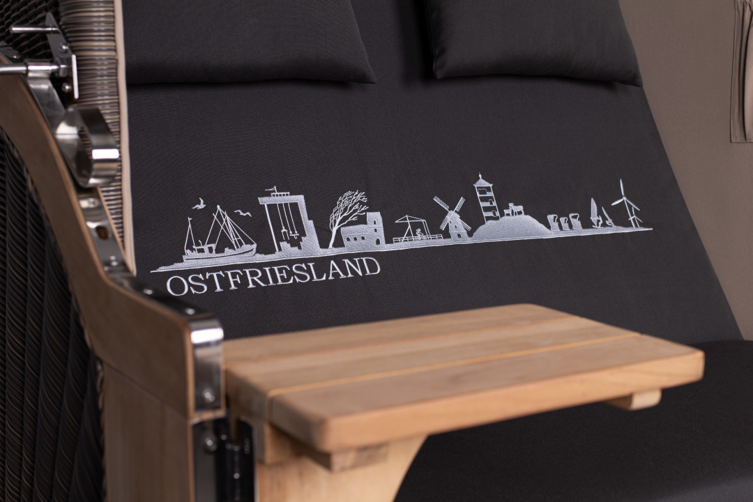 Strandkorb Rantum Teak PE grey Dessin Skyline Ostfriesland Grau